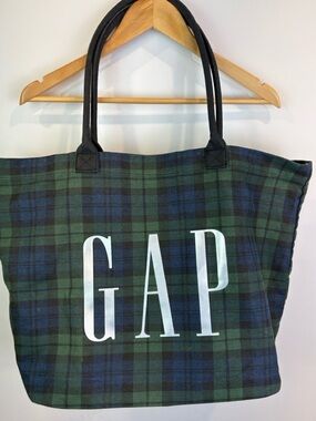 GAP Green & Navy Plaid Logo Tote with Black Handles